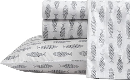 Nautica - Full Size Sheet Sets, Cotton Percale Bedding Set, Crisp & Cool, Coastal Home Decor (Woodblock Fish Grey, Full)