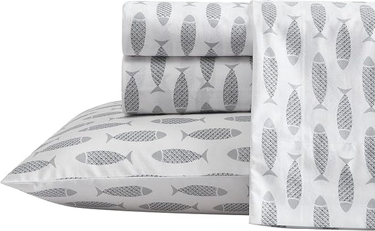 Nautica - Full Size Sheet Sets, Cotton Percale Bedding Set, Crisp & Cool, Coastal Home Decor (Woodblock Fish Grey, Full)