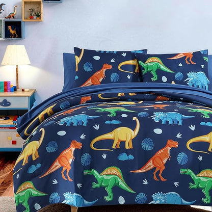 Twin Comforter Set for Boys-5 Pieces Navy Dinosaur Twin Bedding Sets for Kids, Ultra Soft Bed in A Bag with Sheets