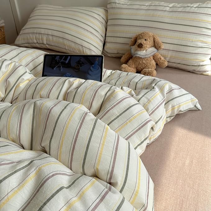 EAVD Vintage Colorful Striped Comforter Set King Soft Cotton 3-Piece Retro Vertical Striped Bedding Set with 2 Pillowcases Boho Geometric Comforter Set for All-Season(Green&Yellow&Brown, King)