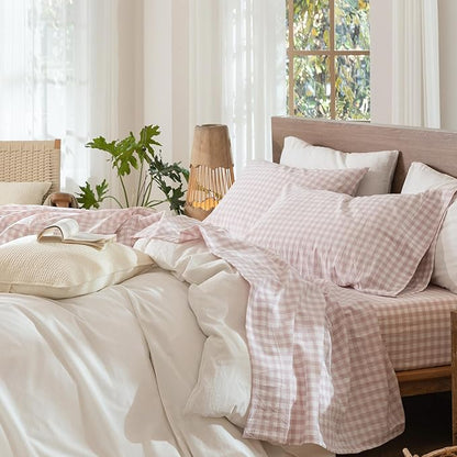 MooMee Gingham Sheet Set 100% Washed Cotton Linen Like Textured Breathable Soft w/Fully Elasticized 16-19" Deep Pocket (Classic Gingham Greyish Pink, Queen)