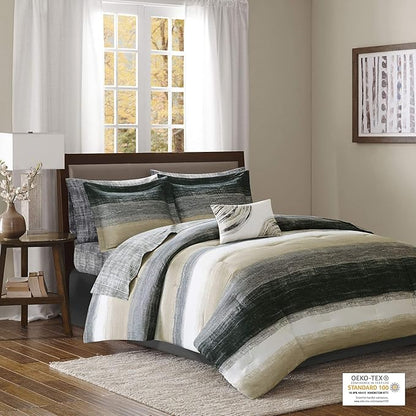 Madison Park Essentials King Comforter Set, Bed in a Bag King, Watercolor Print Coastal Comforter & Chambray Cotton Sheet Set, All Season Bedding Set, Saben, Taupe King (104 in x 92 in) 9 Piece