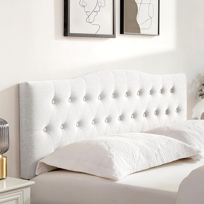 Tufted Headboard King Size, Solid Wood Adjustable Height Head Board, White | Upholstered King Headboard Only with Durable Solid Wood Legs, Adjustable Height 37-51 in, Fabric Button Diamond HeadBoards