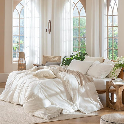 MooMee Bedding Duvet Cover Set 100% Washed Cotton Linen Like Textured Breathable Durable Soft Comfy (Solid Off White, Palatial King/Oversized King 120"x98")