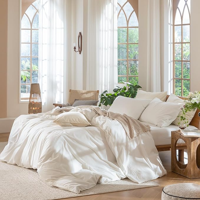 MooMee Bedding Duvet Cover Set 100% Washed Cotton Linen Like Textured Breathable Durable Soft Comfy (Solid Off White, Twin 68"x90")