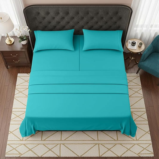 Elegant Comfort Luxurious 1500 Premium Hotel Quality Microfiber Three Line Embroidered Softest 5-Piece Bed Sheet Set, Wrinkle And Fade Resistant, Split King, Turquoise