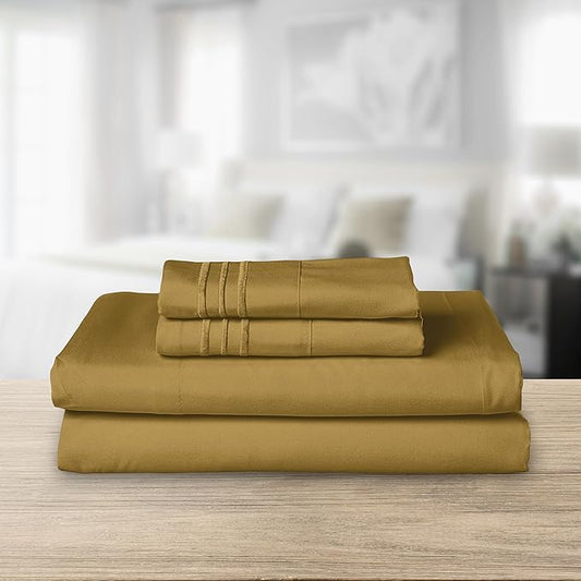 Elegant Comfort Luxurious 1500 Premium Hotel Quality Microfiber Three Line Embroidered Softest 4-Piece Bed Sheet Set, Wrinkle and Fade Resistant, Full, Bronze