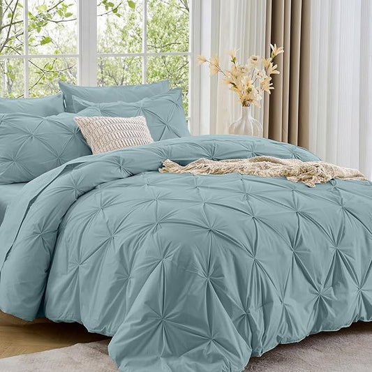 Sasttie King Size Comforter Set, 7-Piece Bed in a Bag, Pintuck Bedding Sets for All Season, Includes Comforter, Flat Sheet, Fitted Sheet, Pillowcases and Pillowshams, Greylish Blue