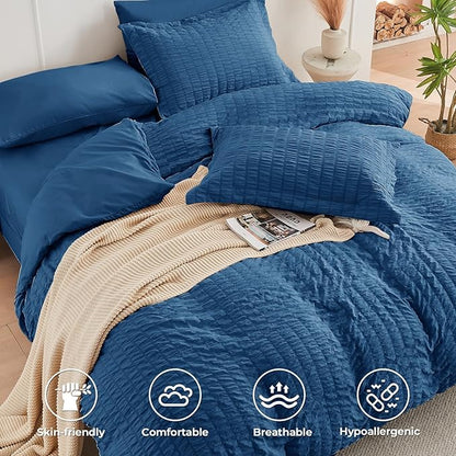 HYMOKEGE Teal Twin Size Duvet Cover, Ultra Soft 2-Piece Seersucker Duvet Cover Set with Zipper Closure, Soft Brushed Microfiber Bedding Set with 8 Corner Ties (68"x90", 1 Pillowshams)