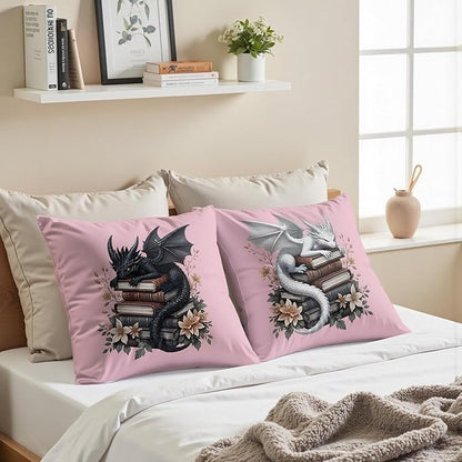Vintage Magical Black White Dragon Reading Book Decor Throw Pillow Covers 18x18 Set of 2, Fantasy Room Decor for Kids, Gamers, and Bookworms,Reading Nook Decor, Gifts for Bookworm Readers(Pink)