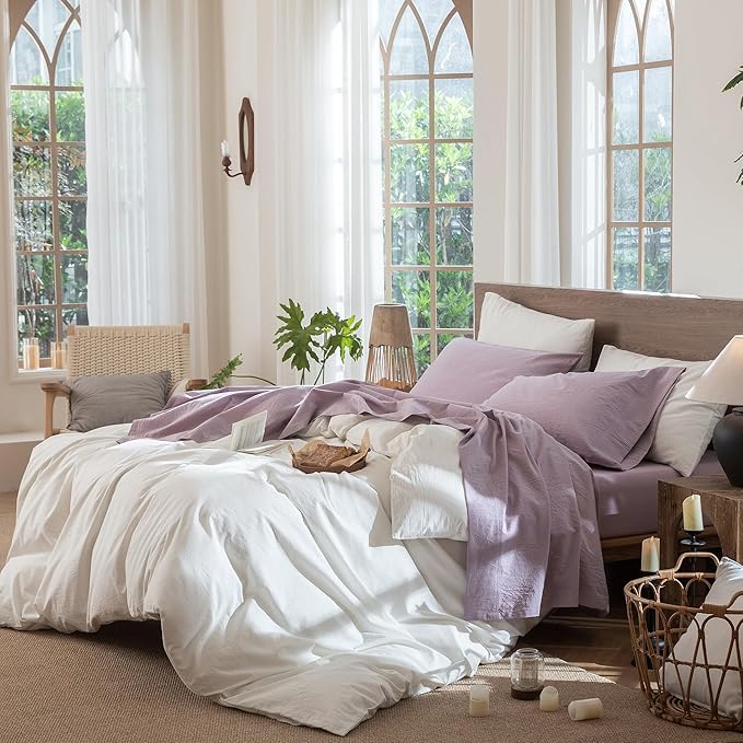 MooMee Bedding Sheet Set 100% Washed Cotton Linen Like Textured Breathable Durable Soft Comfy (Heathered Light Purple, Queen)