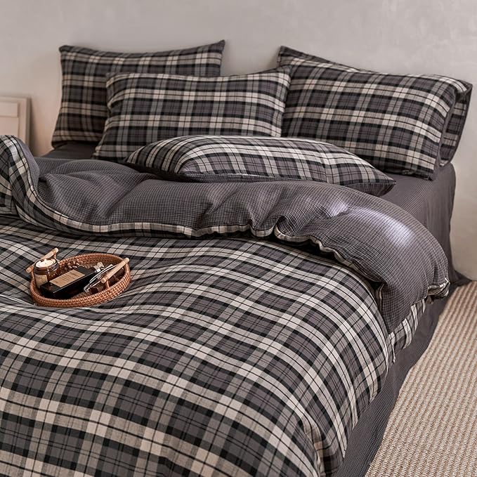 EAVD Vintage Style Dark Grey Plaid Duvet Cover Queen Soft 100% Muslin Cotton Modern Grid Checkered Bedding Set with 2 Pillowcases Reversible Gingham Duvet Cover with Zipper Closure