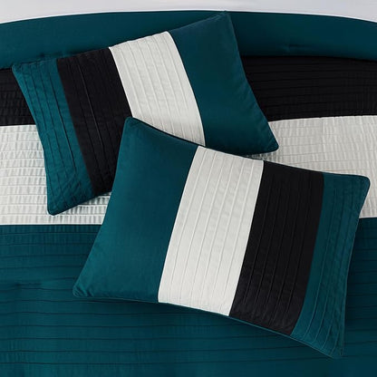 Chezmoi Collection Loft 8-Piece Oversized King Comforter Set, Teal/Black/White Luxury Striped Bedding for All Season