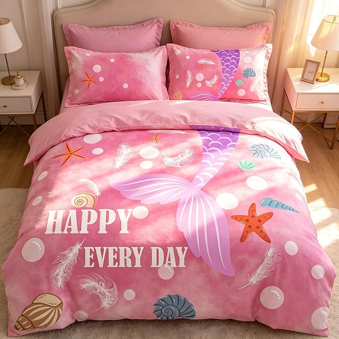 Girls Pink Mermaid Tail Comforter Set King Size, Marine Life Soft Microfiber Bedding Set with Shells & Starfish Pattern, 3Pieces All Season Lightweight Summer Comforter Set for Girls