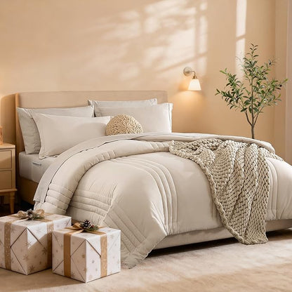 Monbix Full Size Comforter Set - 7 Pieces Beige Bed in a Bag Full Size Bedding Sets with Comforters, All Seasons Comforter with Sheets, Pillowcases & Shams