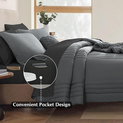 Monbix California King Size Comforter Set - 7 Pieces Bed in a Bag California King, Grey Bedding Sets with Comforter, All Seasons Comforter Bed Set with Sheets, Pillowcases & Shams