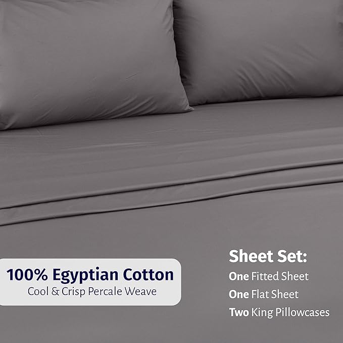 California Design Den King Size Sheets Set Cotton - Certified 100% Egyptian Cotton King Size Percale Sheets Set with Deep Pockets, Lightweight, Crisp, Durable Luxury Bedding - Grey