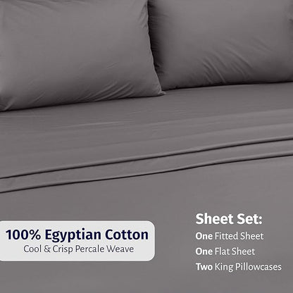 California Design Den King Size Sheets Set Cotton - Certified 100% Egyptian Cotton King Size Percale Sheets Set with Deep Pockets, Lightweight, Crisp, Durable Luxury Bedding - Grey