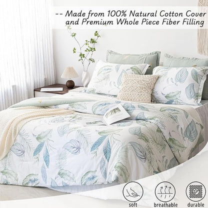 Botanical Cotton Comforter King Size - Sage Green Comforter Printed with Leaves & Ferns on White,Reversible Light-Weight Bedding Sets 3Pcs(Leaves,104"×90")