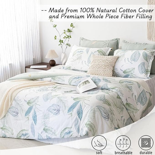 Botanical Cotton Comforter Queen Size - Sage Green Comforter Printed with Leaves & Ferns on White,Reversible Lightweight Bedding Sets 3Pcs(Leaves,90"×90")