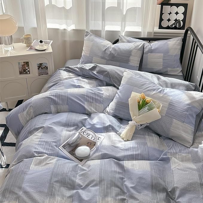 HighBuy Blue Grey Comforter Set King Size Gingham Pattern Grid Checkered Patchwork Comforter Set 3 Pieces Buffalo Plaid Comforter Bedding Set with Checkered Pillowcases Fluffy Home Decor