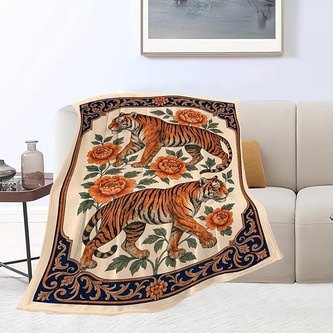Tiger Blanket Super Soft Warm Fluffy Fleece Flannel Asian Oriental Animal Throw Blanket Cozy Fuzzy Plush Stuff Bedding Blankets Gifts for Women Kids Boys Girls Adults 80"X60"
