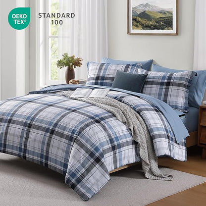 MaiRêve Queen Size Plaid Comforter Set Lake Blue, Classic 7 Pieces Farmhouse Bedding Set, All Season Lightweight Bed in A Bag with Sheets, Pillowcases & Shams