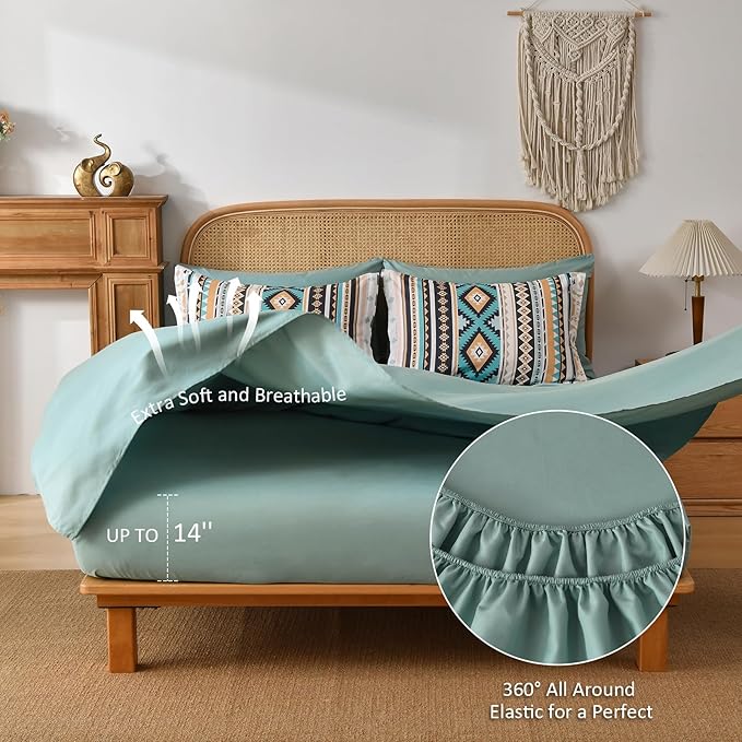 Dinjoy Boho King Size Bed in A Bag 7 Pieces,Turquoise Orange Comforter Set Aztec Striped Bedding Set Bohemian Complete Set Geometric Spring Comforters for Women Men 90"×104"