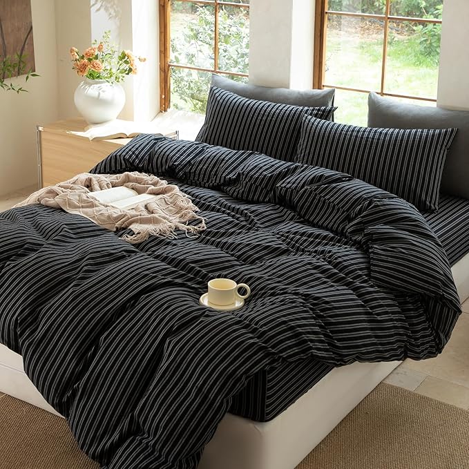 Striped Duvet Cover Set 100% Washed Cotton Linen Like Soft Feelling Breathable Bedding(Strip-Black/White,Full)
