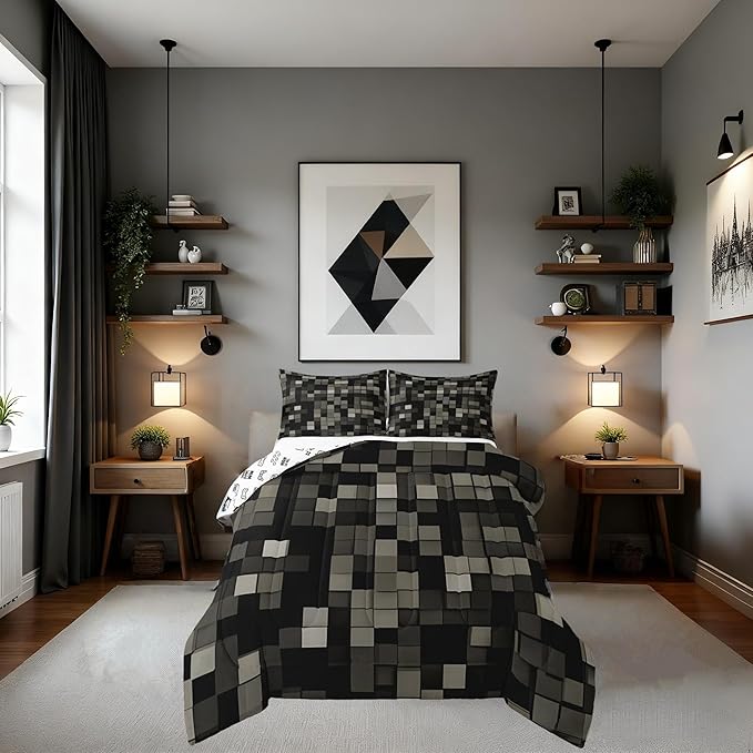 Manfei Pixelated Kids Comforter Set Twin Size,Patchwork Grid Video Games Bedding Set Boys Girls Room Decor,Lattice Abstract Simple Quilt Comforter,Dark Gray Duvet Set Bedroom Quilt Set,1 Pillowcase