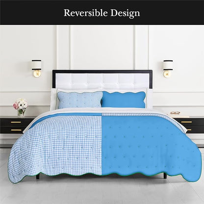 kate spade new york Joyful Gingham 2-Piece Twin Quilt Bedding Set, Poly-Cotton Blend Reversible Cover, All Season Warmth Bedding, Machine Washable, Windy Blue
