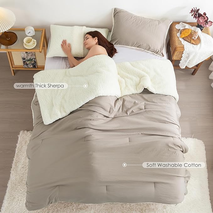 COTTEBED Fluffy Sherpa Warm Winter Comforter King Size Bed, Reversible Plush Fleece Sherpa California King Down Comforter Sets Pillow Sham, Cozy Ultra-Soft Thick Washed Cotton Bedding Set, Beige White