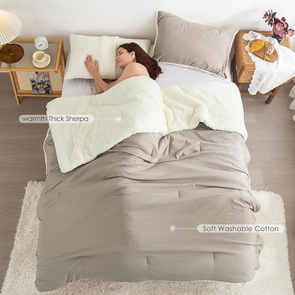COTTEBED Fluffy Sherpa Warm Winter Comforter King Size Bed, Reversible Plush Fleece Sherpa California King Down Comforter Sets Pillow Sham, Cozy Ultra-Soft Thick Washed Cotton Bedding Set, Beige White