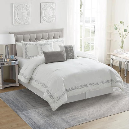 King Size Comforter Set 7-Piece Embroidered Faux Suede Bedding – Soft, Elegant & Complete Bedding Set with 1 Comforter, 2 Pillow Shams, 1 Bed Skirt, and 3 Decorative Throw Pillows, King, White