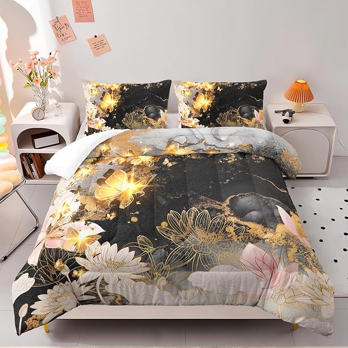 Butterfly Flowers Comforter Set Queen Lotus Floral Bedding Sets 3PCS for Kids Teen Adult Room Decor Ultra-Soft Lightweight Microfiber 1 Comforter with 2 Pillowcases