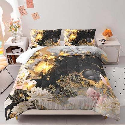 Butterfly Flowers Comforter Set Queen Lotus Floral Bedding Sets 3PCS for Kids Teen Adult Room Decor Ultra-Soft Lightweight Microfiber 1 Comforter with 2 Pillowcases