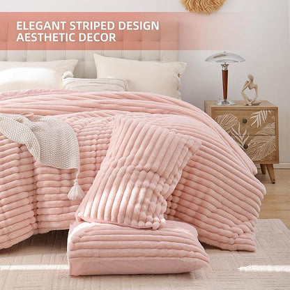 Smoofy Fluffy King Size Comforter Set 3 Pieces - Blush Pink Fleece Fluffy Comforter Set, Luxury Fuzzy King Bedding Set, Soft King Bed Set All Season, Heavy Faux Fur Comforter with 2 Pillow Cases