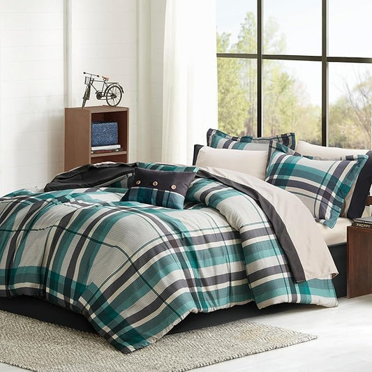 Intelligent Design Robbie 7-Piece Twin XL Comforter Set – Lightweight All-Season Plaid Bedding, Teal/Black, Cozy Bed-in-a-Bag with Matching Shams & Decorative Pillow, Modern Casual Style