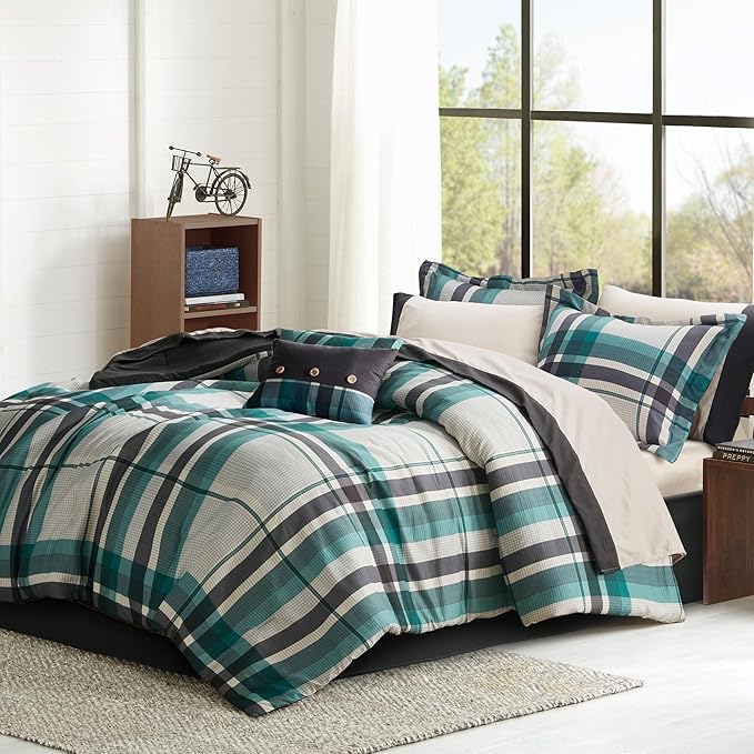 Intelligent Design Robbie 7-Piece Twin Comforter Set – Lightweight All-Season Plaid Bedding, Teal/Black, Cozy Bed-in-a-Bag with Matching Shams & Decorative Pillow, Modern Casual Style
