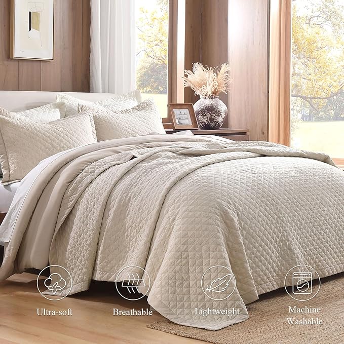 Grassix Linen Quilt Set King Size 3-Piece, 100% Linen Front & Cotton Back, Prewashed Diamond Stitch Bedspread with 2 Shams, Lightweight Breathable Quilt for Hot Sleepers, Modern Farmhouse Bedding