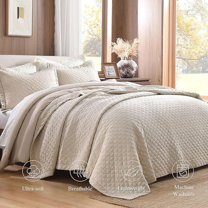 Grassix Linen Quilt Set King Size 3-Piece, 100% Linen Front & Cotton Back, Prewashed Diamond Stitch Bedspread with 2 Shams, Lightweight Breathable Quilt for Hot Sleepers, Modern Farmhouse Bedding