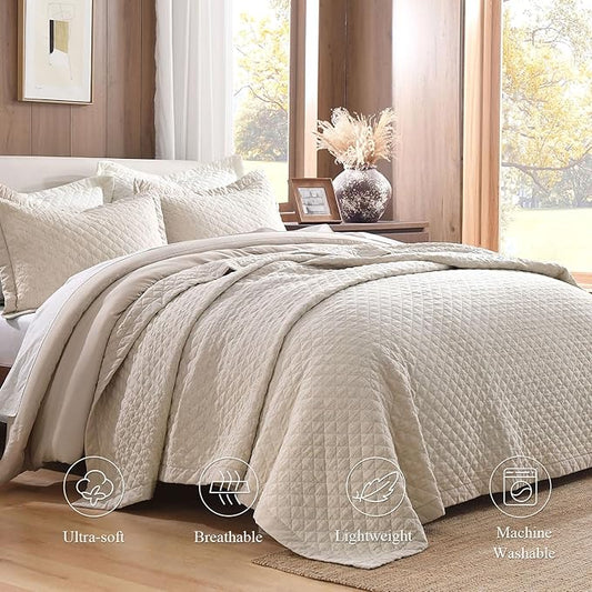 Grassix Linen Quilt Set King Size 3-Piece, 100% Linen Front & Cotton Back, Prewashed Diamond Stitch Bedspread with 2 Shams, Lightweight Breathable Quilt for Hot Sleepers, Modern Farmhouse Bedding