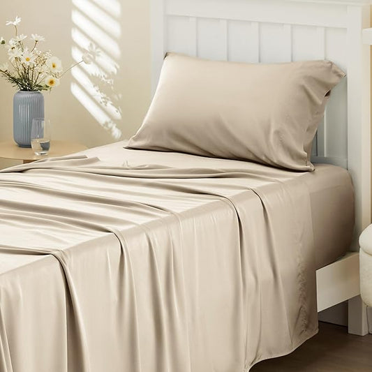 Bedsure Cooling Sheets Twin, Rayon Derived from Bamboo, PureWoven, Breathable & Soft, Deep Pocket Up to 16 Inches, Hotel Luxury Silky Bedding for Hot Sleepers, Beige
