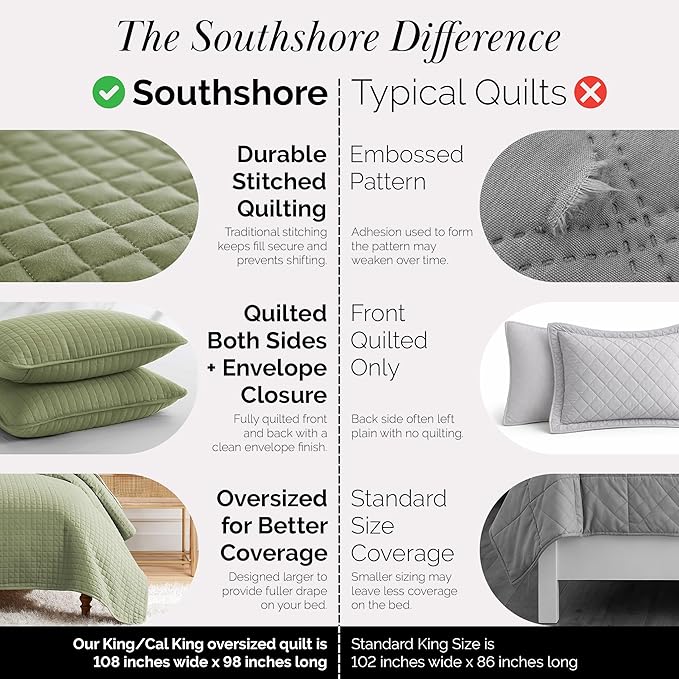 Southshore Fine Living, Inc. Oversized King Quilt Bedding Set, Pet Hair Resistant Bedding, Microfiber Lightweight Bedspread, California King Coverlet Set w/2 Pillow Shams, Sage Green Quilt