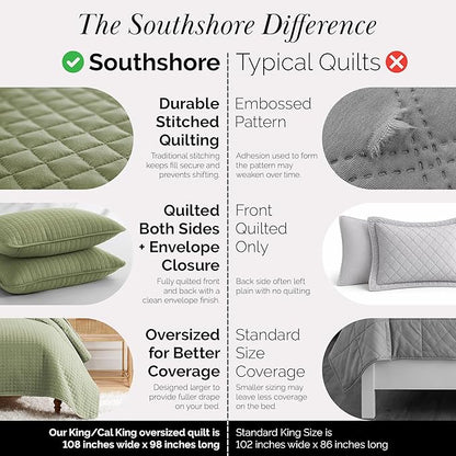 Southshore Fine Living, Inc. Oversized King Quilt Bedding Set, Pet Hair Resistant Bedding, Microfiber Lightweight Bedspread, California King Coverlet Set w/2 Pillow Shams, Sage Green Quilt