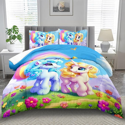 Unicorn Comforter Set King,Kawaii Unicorn Bedding Set King Kids,Rainbow Comforter Blue Bedroom Decor,Cute Animal Bedding Rainbow Bed Decor for Girls,Cartoon Blue Floral Quilt