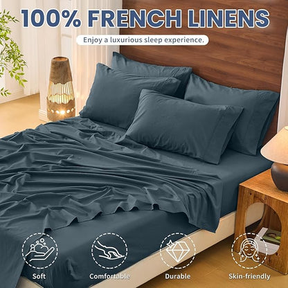 Bedlifes 100% French Pure Linen Sheets King Size Breathable and Cooling Flax Sheet Set Soft Durable and Moisture Wicking 16 Inch Deep Pocket-4 Piece(King,Cool Gray)