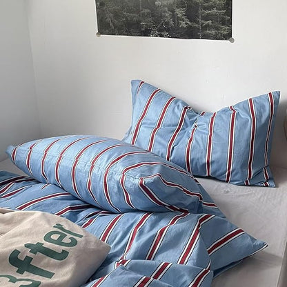 MKXI Queen Blue & Red Vertical Stripe Duvet Cover Set 3-Piece - 100% Cotton Textured Bedding with Zipper Closure & Corner Ties, Modern Coastal Vintage Aesthetic Comforter Cover