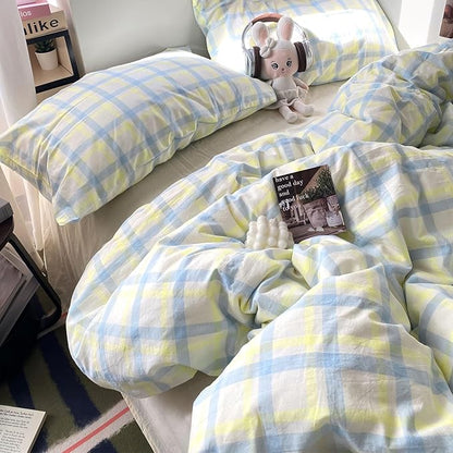 EAVD Buffalo Plaid Duvet Cover Twin Soft Washed Cotton Bedding Set Yellow Blue Grid Checkered Bedding Set with 2 Pillowcases Vintage Style Gingham Duvet Cover with Zipper Closure