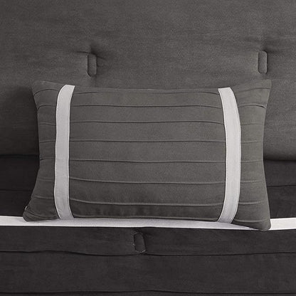 Madison Park Palmer Comforter Set - Faux Suede Design, Striped Accent, All Season Down Alternative Bedding, Matching Shams, Decorative Pillow, Bed Skirt, Full (82 in x 90 in), Black 7 Piece